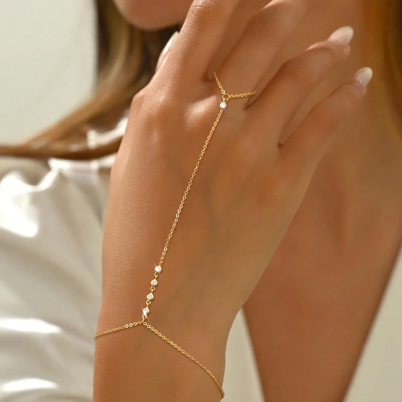 Gold Hand Chain Bracelet Ring Bracelet, 14K Gold Plated Finger Ring Bracelet Zircon Pearl Bead Satellite Hand Chain for Women Trendy Jewelry Non Tarnish Gold Ring Hand Bracelet