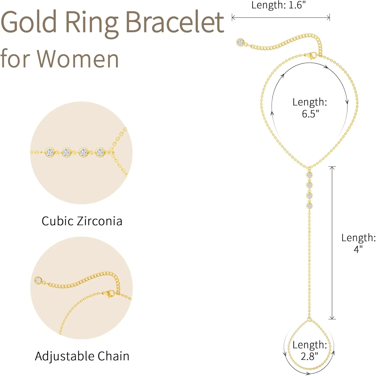 Gold Hand Chain Bracelet Ring Bracelet, 14K Gold Plated Finger Ring Bracelet Zircon Pearl Bead Satellite Hand Chain for Women Trendy Jewelry Non Tarnish Gold Ring Hand Bracelet