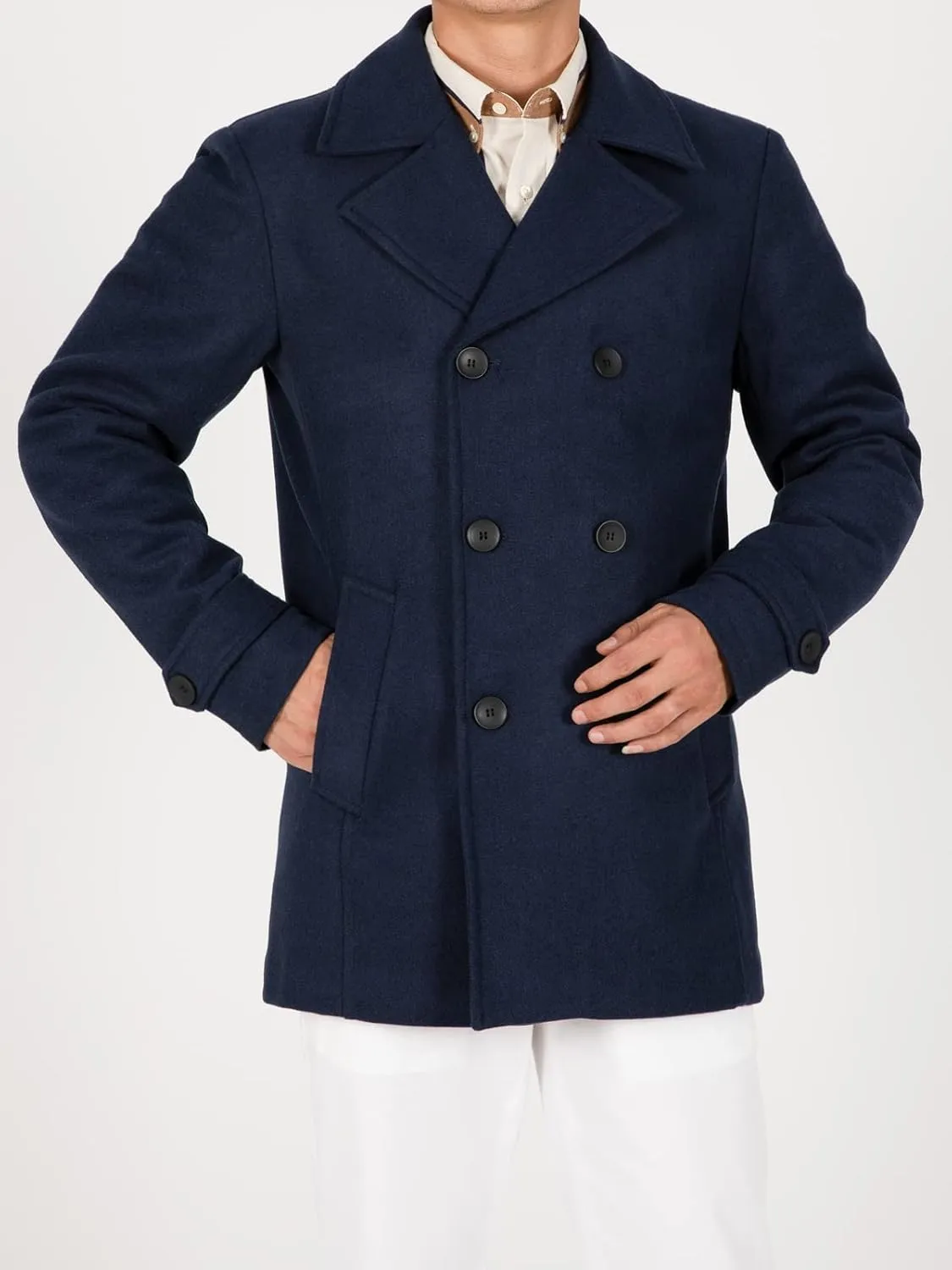 Hacikis Mens Double Breasted Wool Blend Pea Coat Quilted Lined Notched Collar Trench Coats