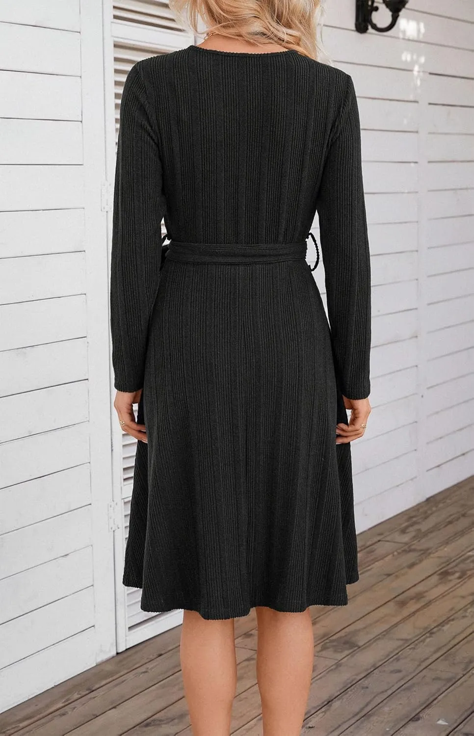 Kormei Women's Sweater Dress Long Sleeve Casual Outfits V Neck Ribbed Knit Belt Wedding Dresses