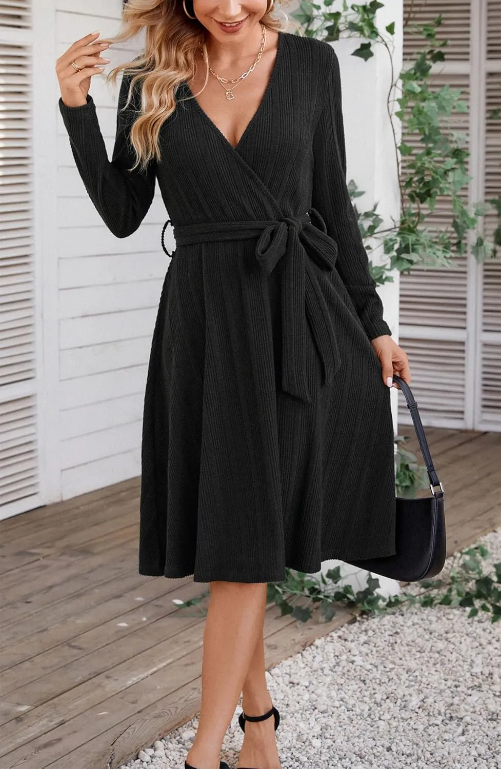 Kormei Women's Sweater Dress Long Sleeve Casual Outfits V Neck Ribbed Knit Belt Wedding Dresses