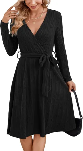 Kormei Women's Sweater Dress Long Sleeve Casual Outfits V Neck Ribbed Knit Belt Wedding Dresses
