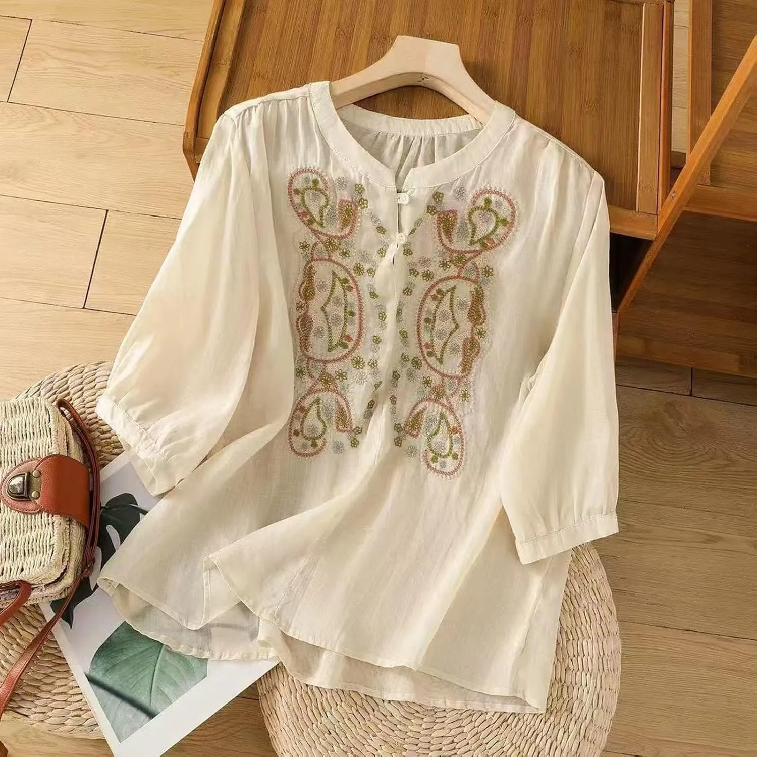 Linen Shirts for Women Summer 2025 Retro Embroidered Gauze 3/4 Sleeve Tops Dressy Casual Boho Floral Cute Blouses Trendy