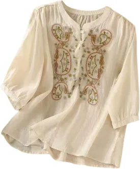Linen Shirts for Women Summer 2025 Retro Embroidered Gauze 3/4 Sleeve Tops Dressy Casual Boho Floral Cute Blouses Trendy