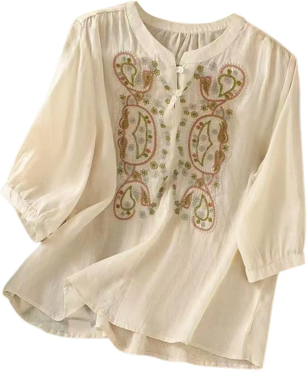 Linen Shirts for Women Summer 2025 Retro Embroidered Gauze 3/4 Sleeve Tops Dressy Casual Boho Floral Cute Blouses Trendy