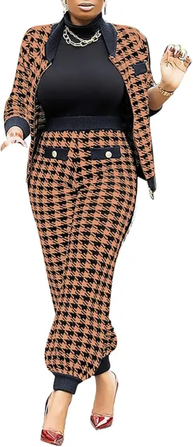 LKOUS 2 Piece Work Suits for Women's Houndstooth Print Buttons Open Front Long Sleeve Coat   Long Pants Casual Clothes