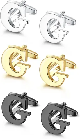 LOLIAS 3 Pairs Cufflinks For Men Personalized Initial Cuff Links Mens Letter CuffLinks for Casual to Formal with Gift Box Silver Black Gold Cufflinks Set for Father Husband Groom