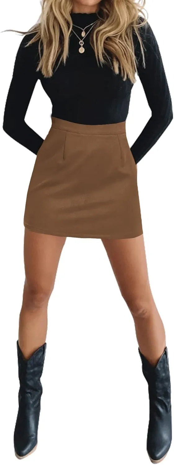 LYANER Women's Faux Suede Leopard Print High Waist Zipper Mini A-Line Short Skirt