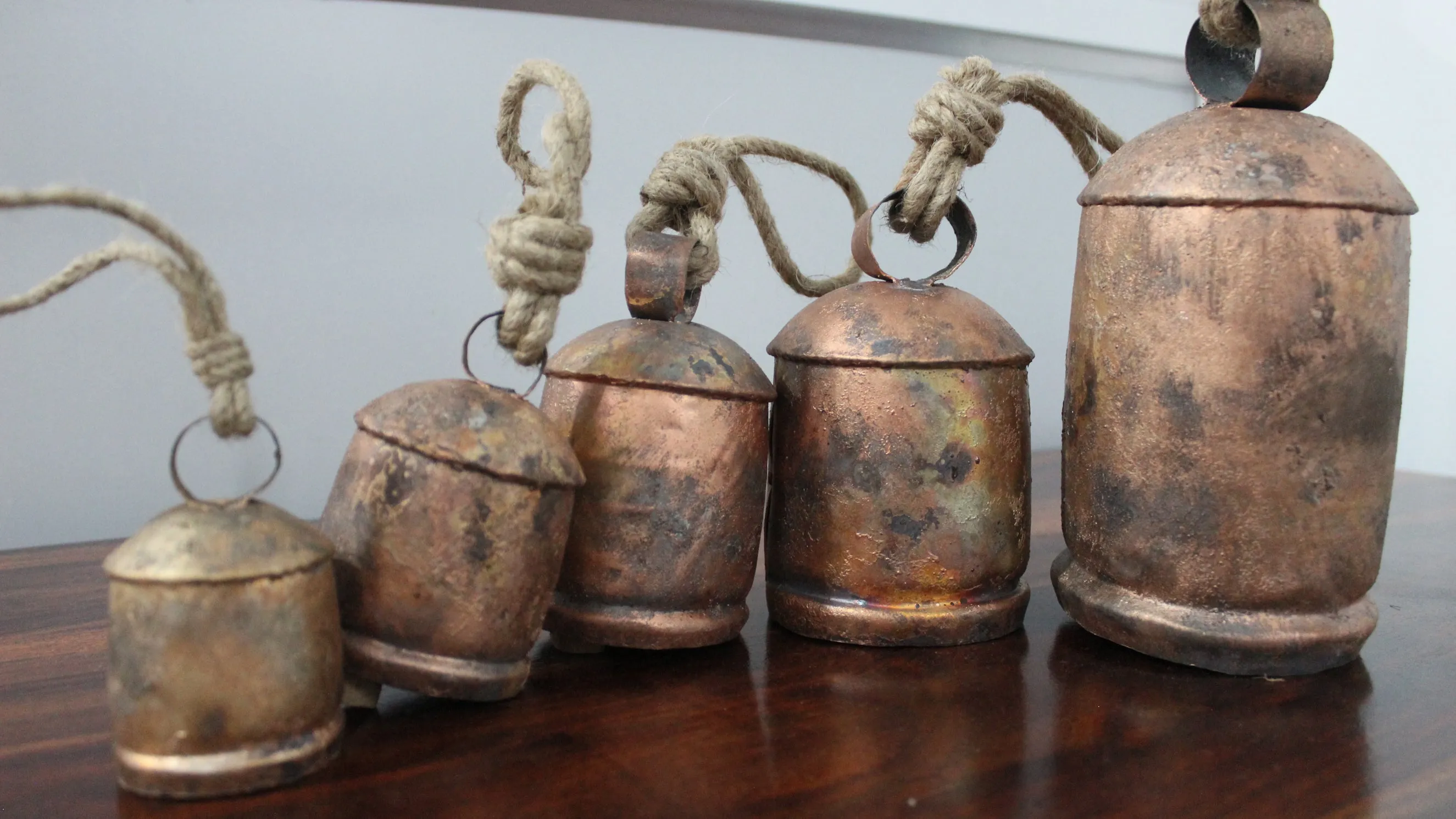 Mango Gifts Set of 5 Harmony Cow Bells Vintage Chimes Antique Copper Finish with Jute Rope