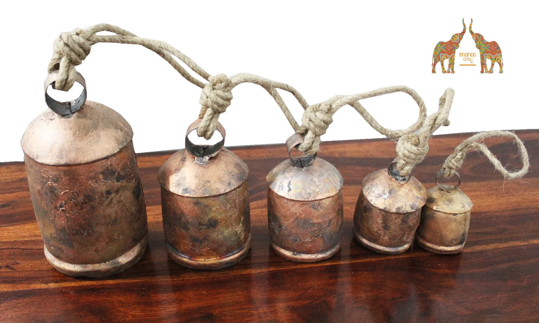 Mango Gifts Set of 5 Harmony Cow Bells Vintage Chimes Antique Copper Finish with Jute Rope