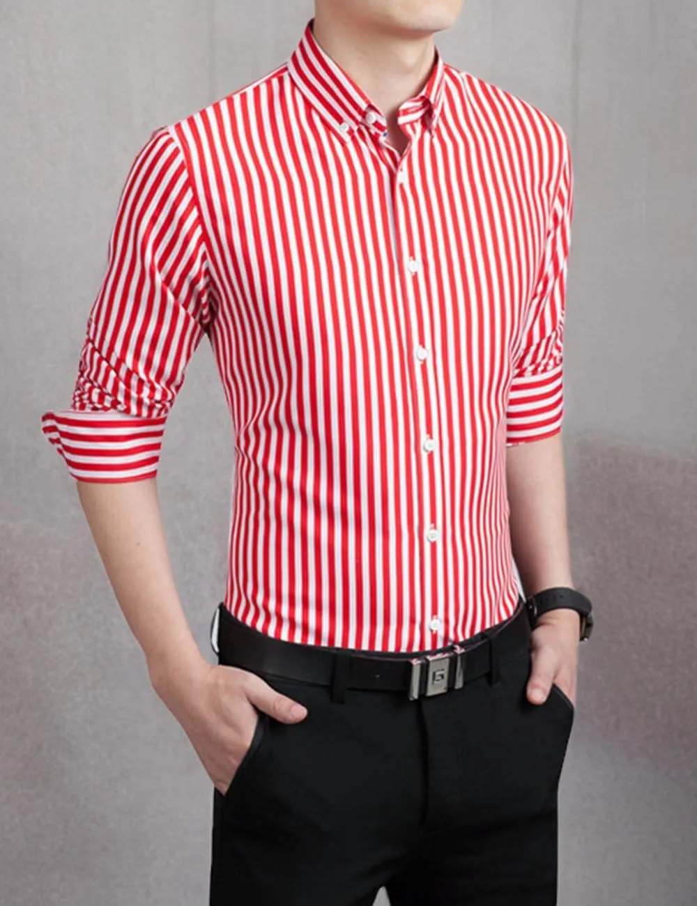 Men's Casual Business Vertical Striped Button Down Long Sleeve Dress Shirts