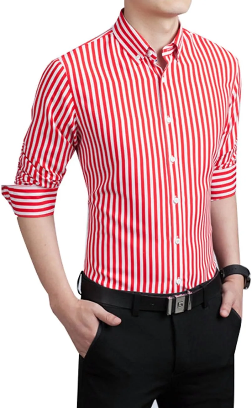 Men's Casual Business Vertical Striped Button Down Long Sleeve Dress Shirts