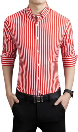 Men's Casual Business Vertical Striped Button Down Long Sleeve Dress Shirts