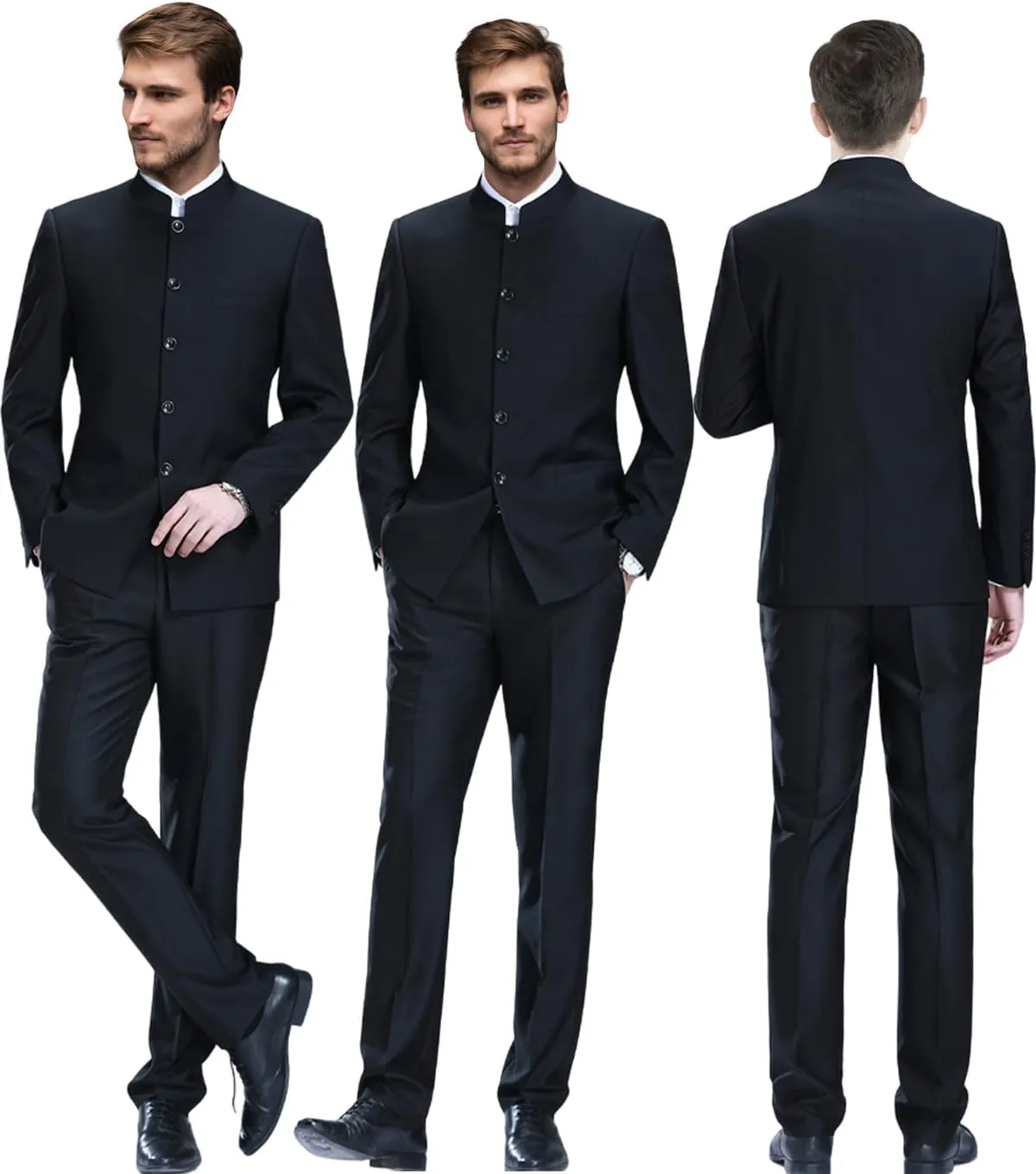 Men's Chinese Tunic Suits Stand Collar Jacket Slim Fit 2 Piece Suits Traditional Uniform Blazer Pant Set