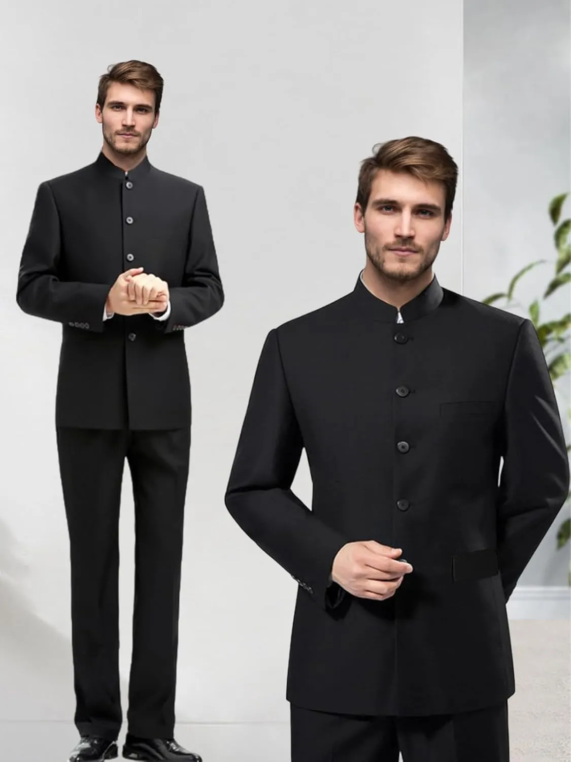 Men's Chinese Tunic Suits Stand Collar Jacket Slim Fit 2 Piece Suits Traditional Uniform Blazer Pant Set