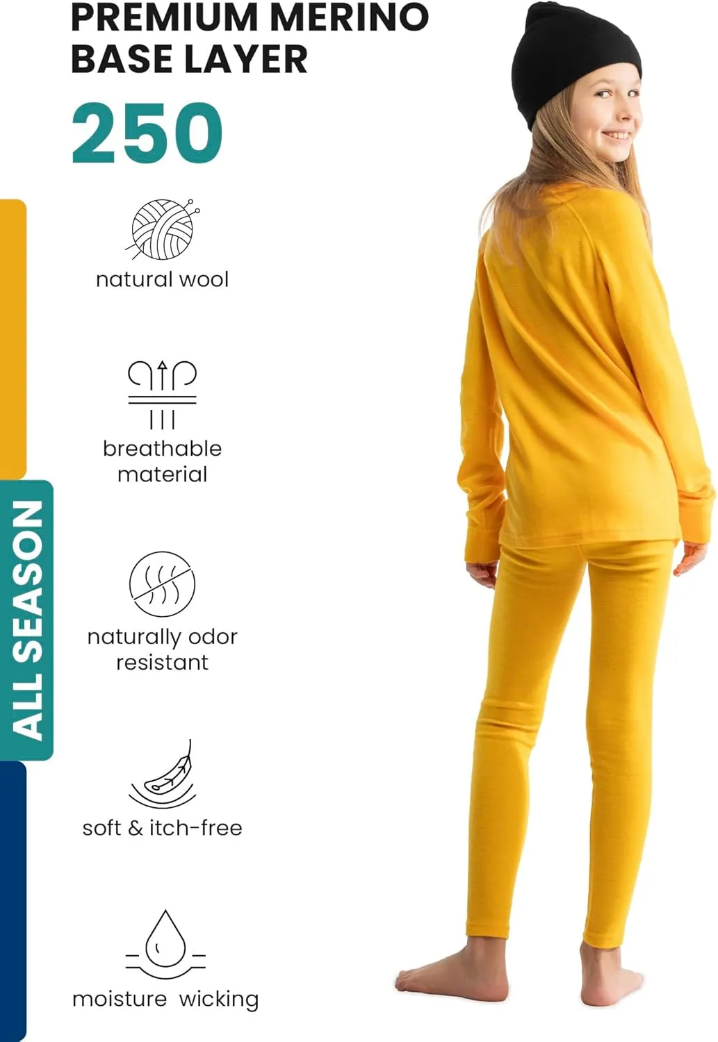 Merino Wool Base Layer Kids Set - Midweight Unisex Merino Wool Thermal Underwear For Kids Top, Bottom, Cuff Beanie