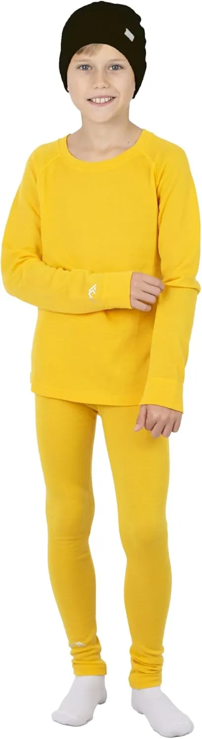 Merino Wool Base Layer Kids Set - Midweight Unisex Merino Wool Thermal Underwear For Kids Top, Bottom, Cuff Beanie