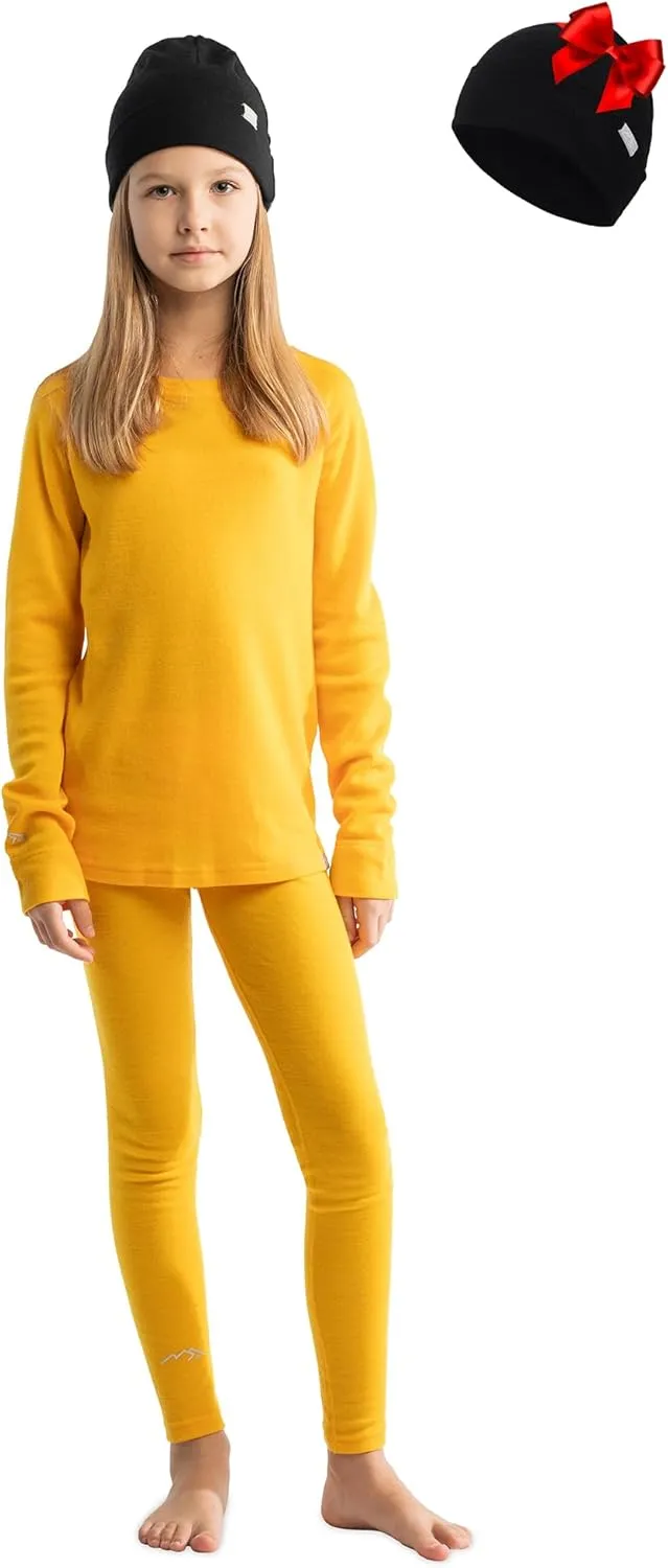 Merino Wool Base Layer Kids Set - Midweight Unisex Merino Wool Thermal Underwear For Kids Top, Bottom, Cuff Beanie