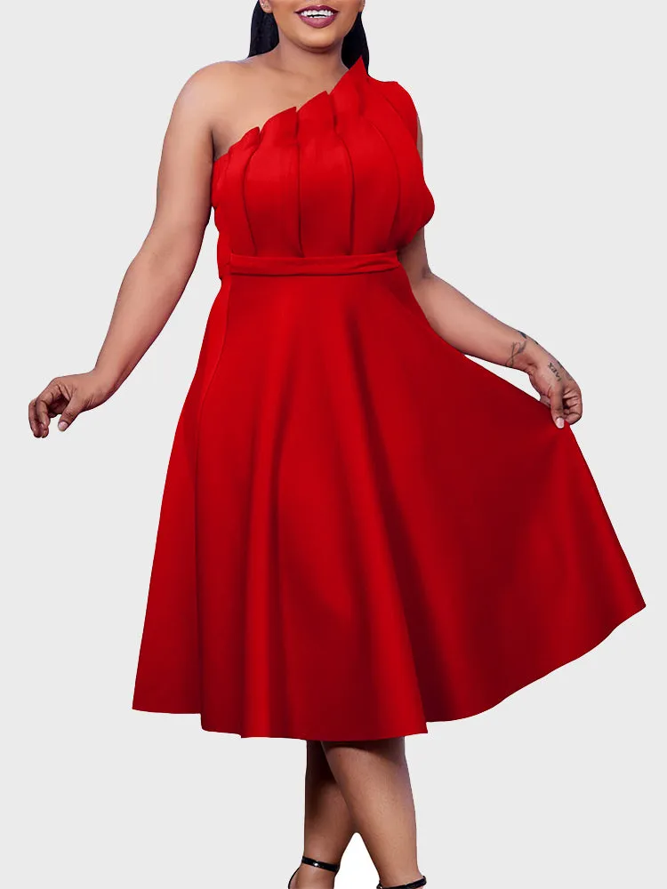 Oblique Collar Pleated Formal Dress
