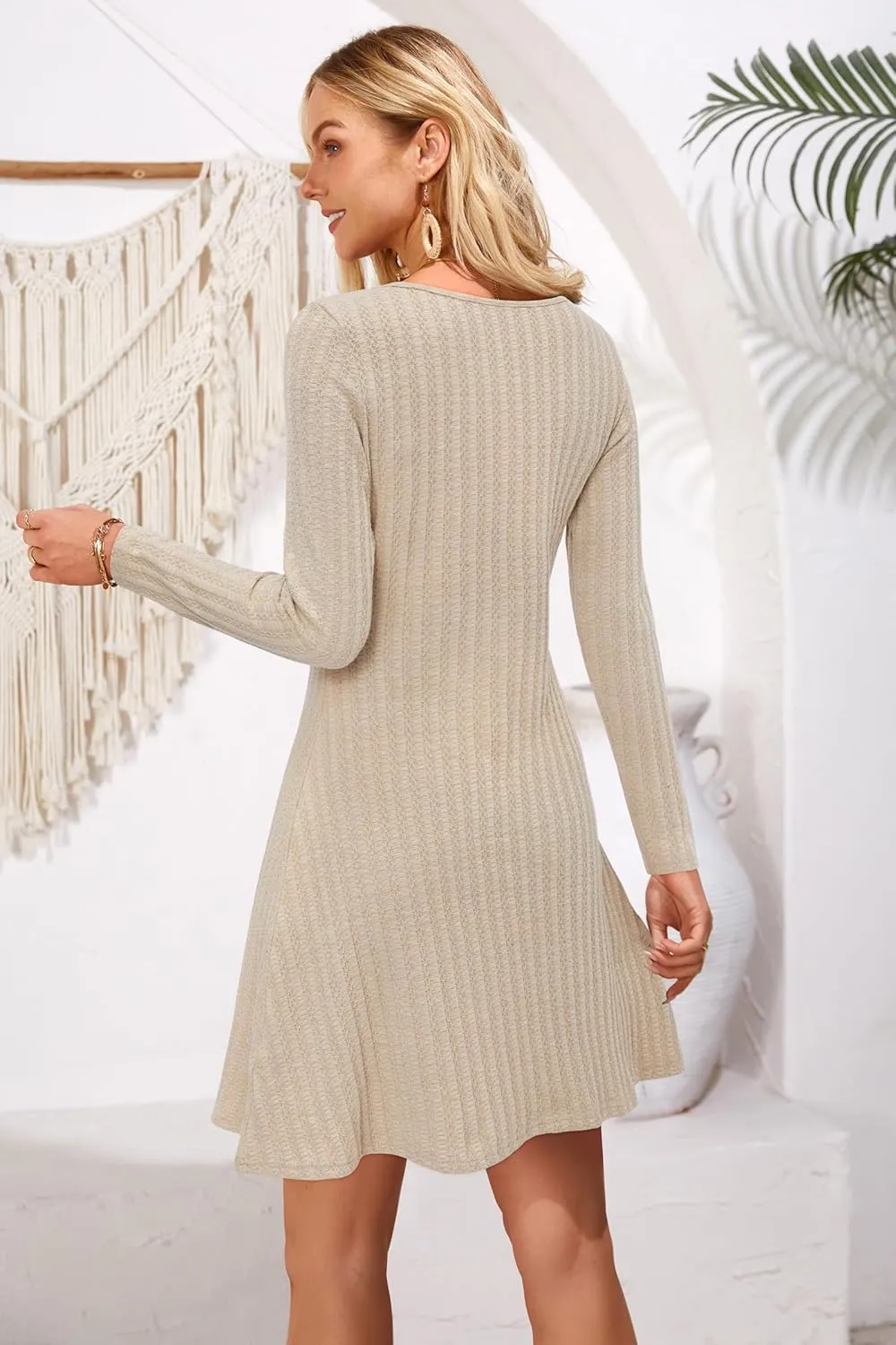 OUGES 2024 Fall Sweater Dress for Women Crew Neck Long Sleeve Knit Lightweight Casual Dresses