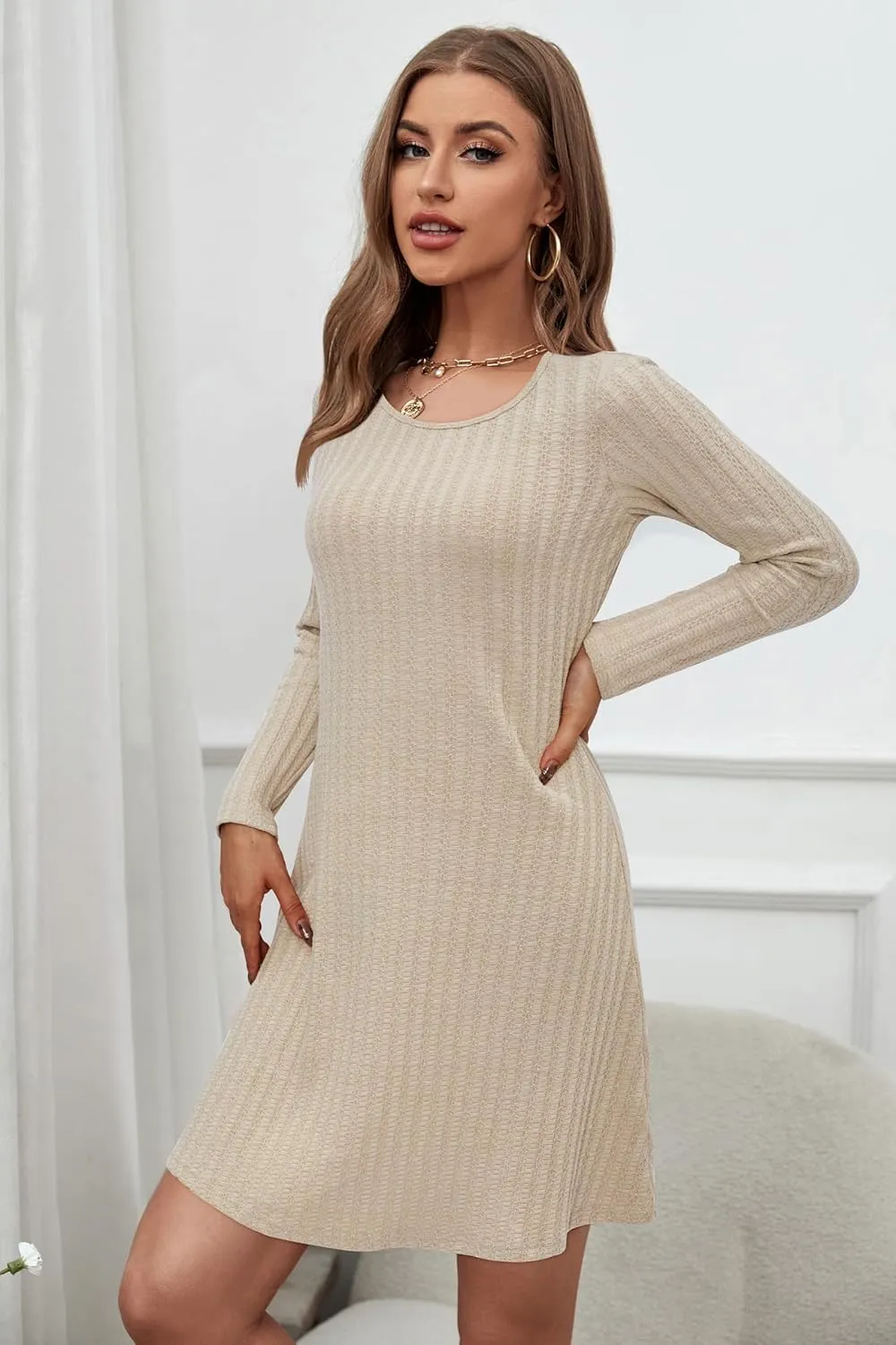 OUGES 2024 Fall Sweater Dress for Women Crew Neck Long Sleeve Knit Lightweight Casual Dresses