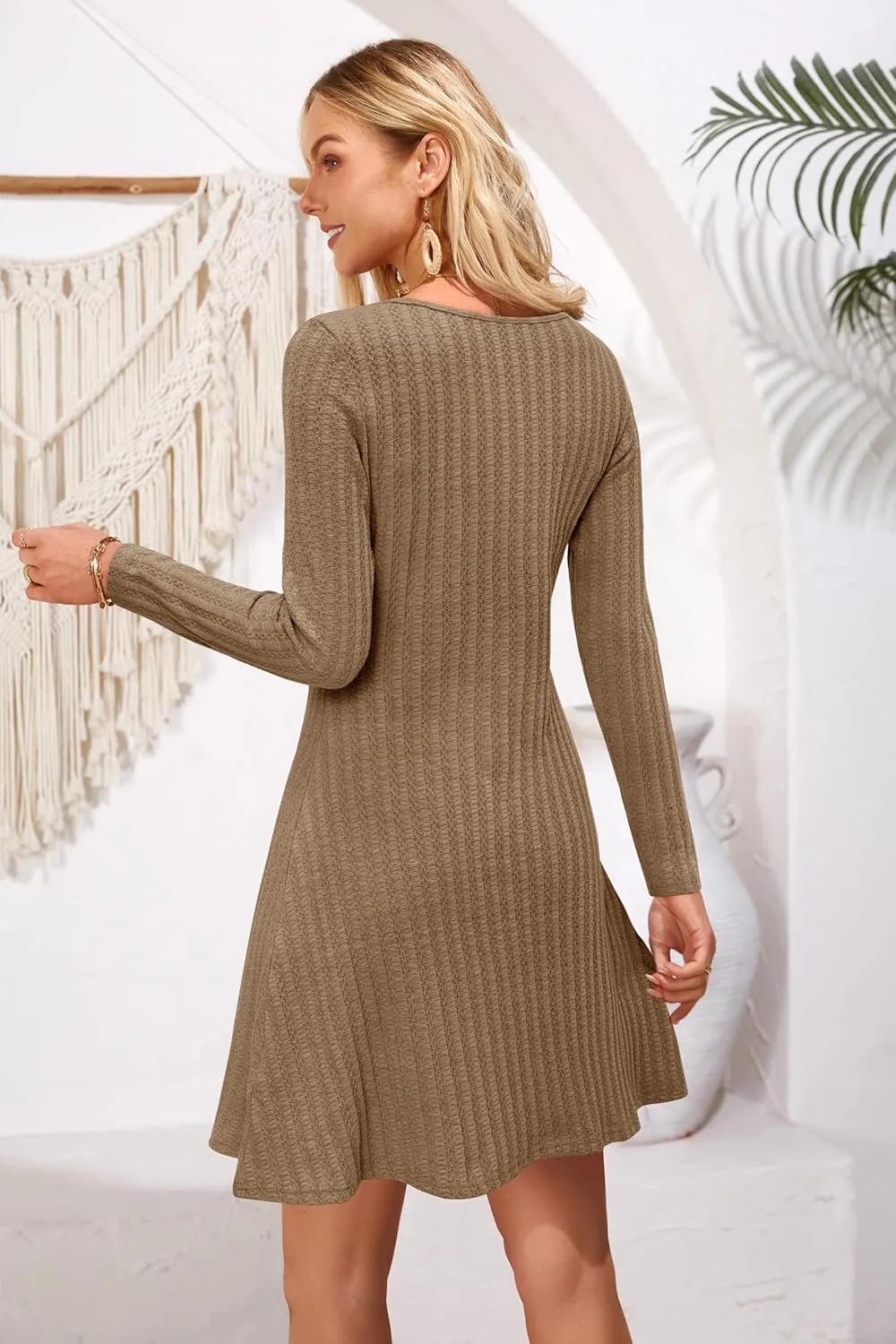 OUGES 2024 Fall Sweater Dress for Women Crew Neck Long Sleeve Knit Lightweight Casual Dresses
