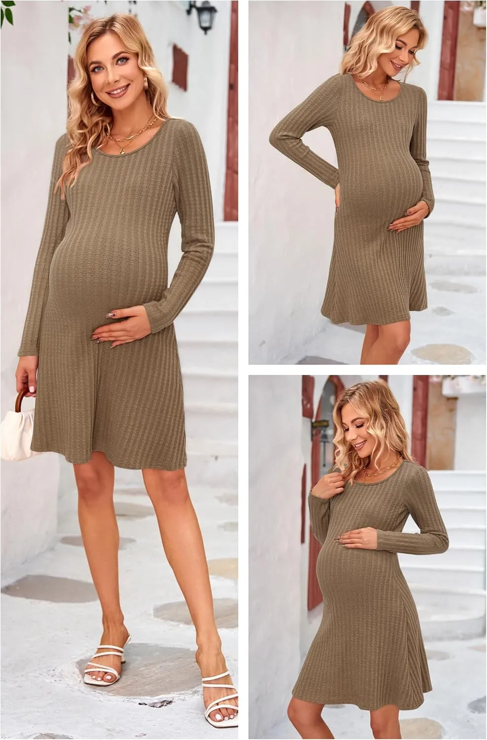 OUGES 2024 Fall Sweater Dress for Women Crew Neck Long Sleeve Knit Lightweight Casual Dresses