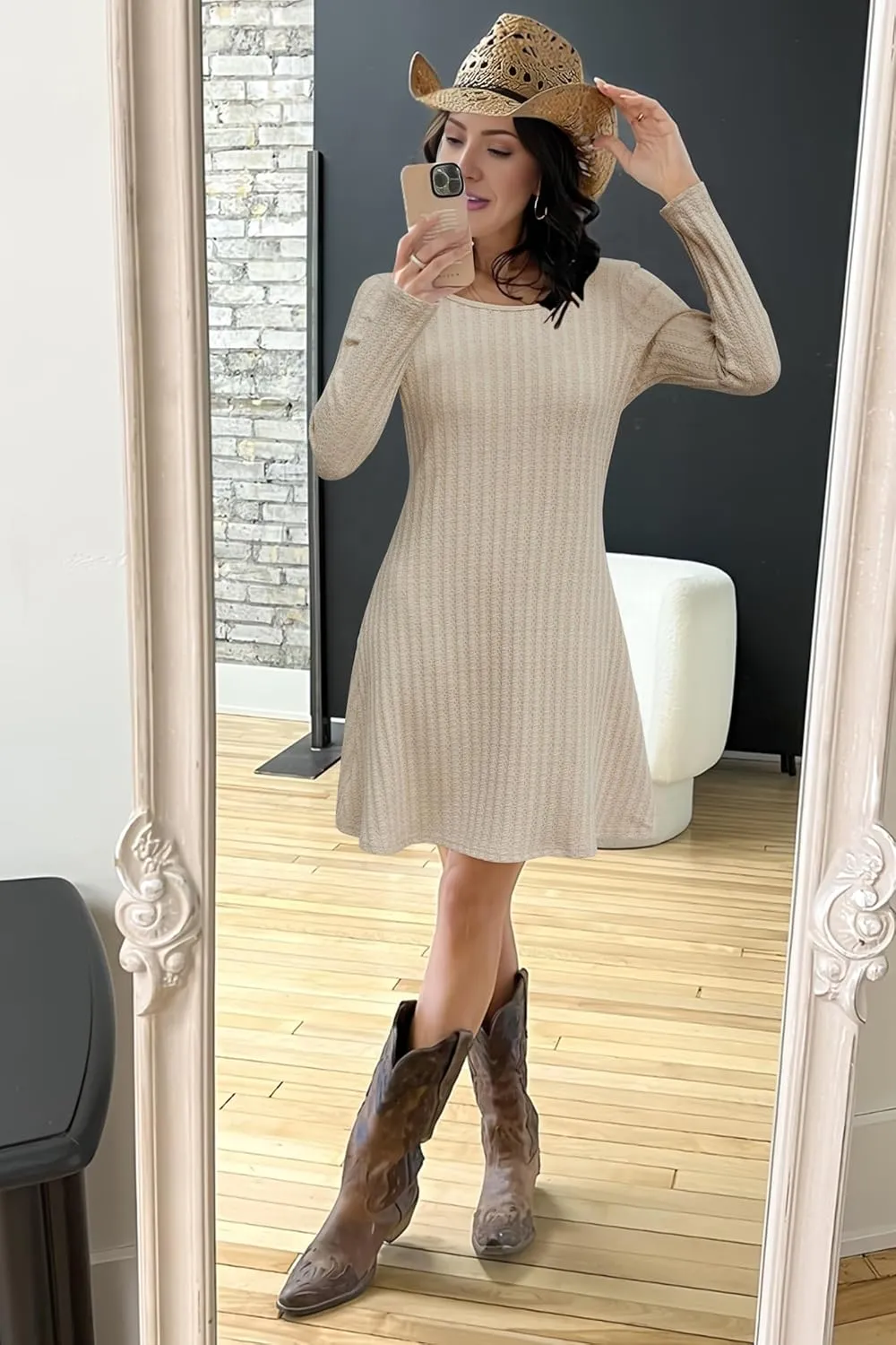 OUGES 2024 Fall Sweater Dress for Women Crew Neck Long Sleeve Knit Lightweight Casual Dresses