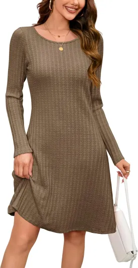OUGES 2024 Fall Sweater Dress for Women Crew Neck Long Sleeve Knit Lightweight Casual Dresses