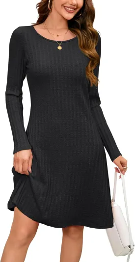 OUGES 2024 Fall Sweater Dress for Women Crew Neck Long Sleeve Knit Lightweight Casual Dresses
