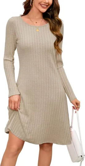 OUGES 2024 Fall Sweater Dress for Women Crew Neck Long Sleeve Knit Lightweight Casual Dresses