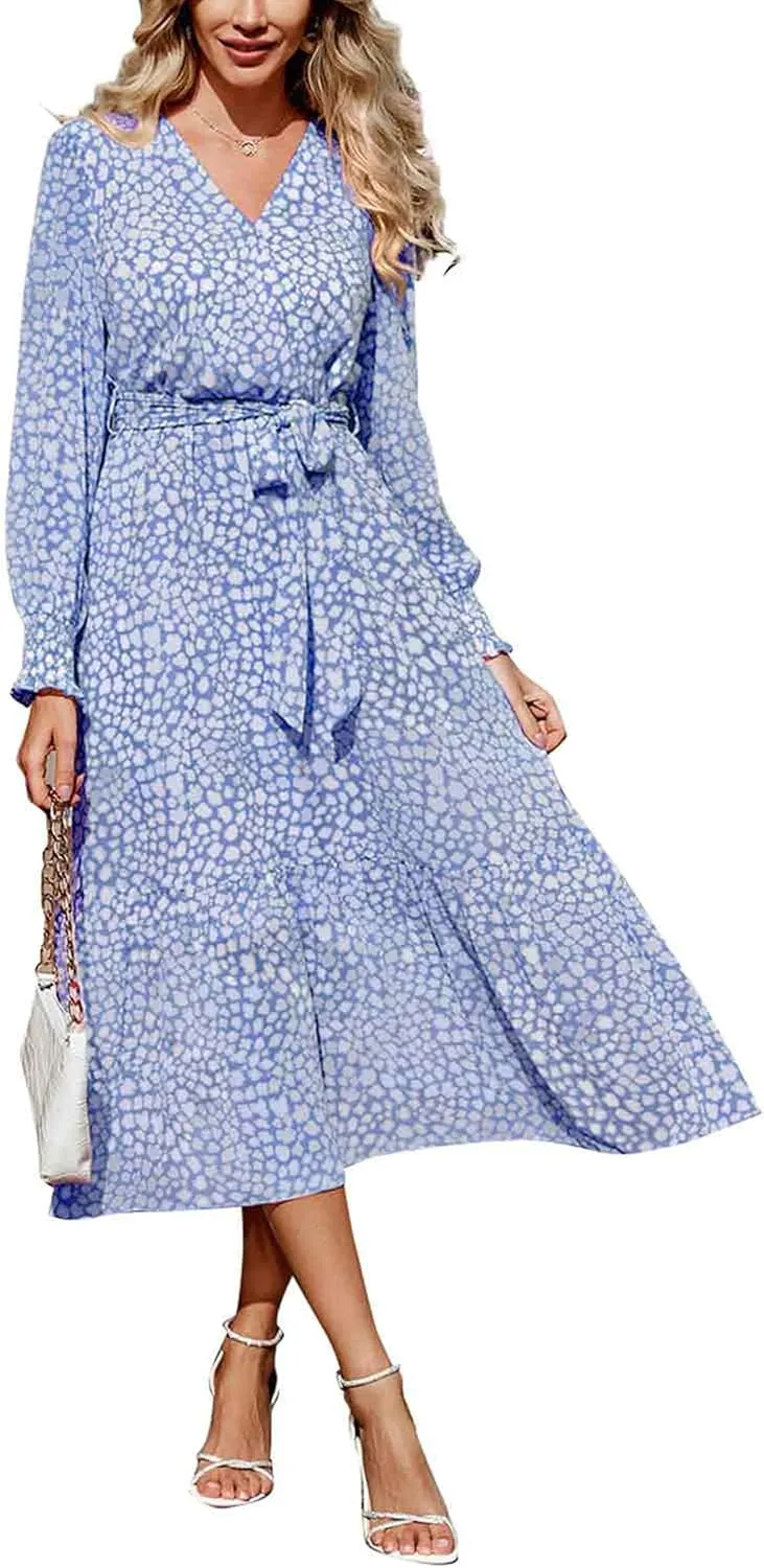 PRETTYGARDEN Women's Floral Print Boho Dress Long Sleeve Wrap V Neck Ruffle Belted A-Line Flowy Maxi Dresses