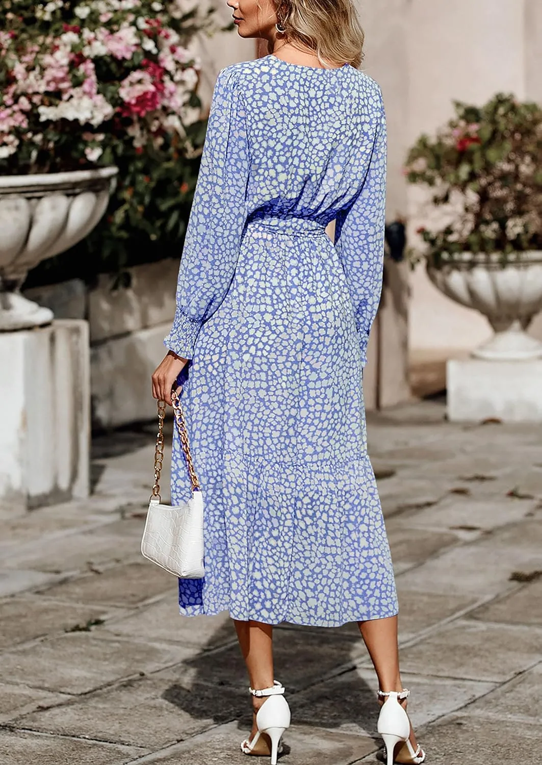 PRETTYGARDEN Women's Floral Print Boho Dress Long Sleeve Wrap V Neck Ruffle Belted A-Line Flowy Maxi Dresses