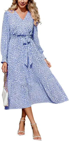 PRETTYGARDEN Women's Floral Print Boho Dress Long Sleeve Wrap V Neck Ruffle Belted A-Line Flowy Maxi Dresses