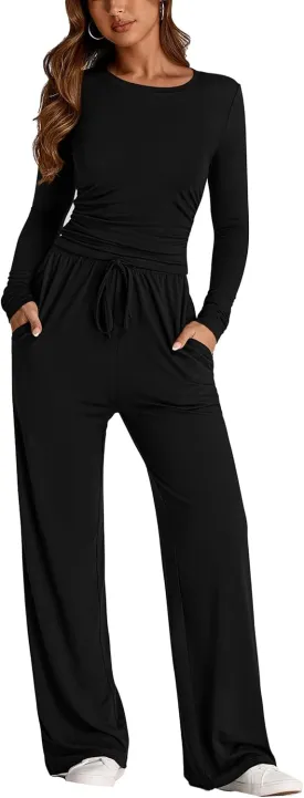 PRETTYGARDEN Women's Spring Fall Two Piece Outfits Tracksuits Long Sleeve Crop Tee Shirts Wide Leg Pants Matching Lounge Sets