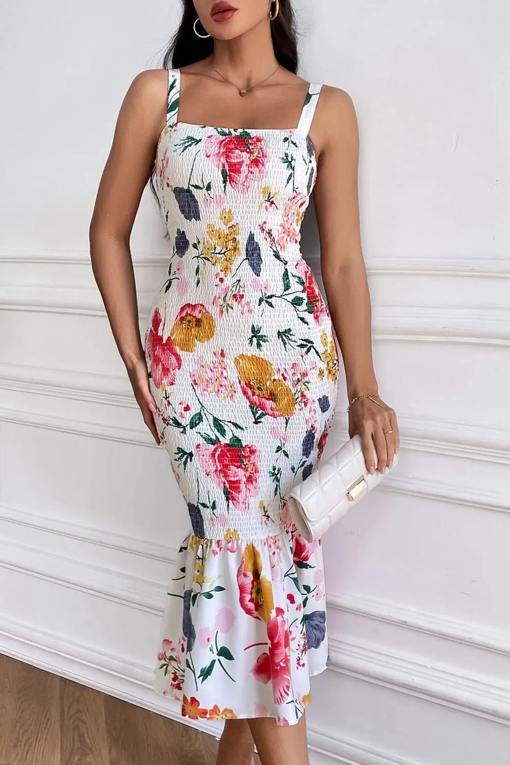 PRETTYGARDEN Women's Summer Floral Midi Tank Dress Sleeveless Strappy Ruffle Hem Smocked Bodycon Dresses