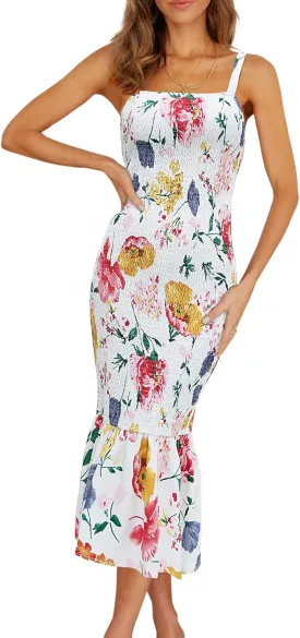 PRETTYGARDEN Women's Summer Floral Midi Tank Dress Sleeveless Strappy Ruffle Hem Smocked Bodycon Dresses
