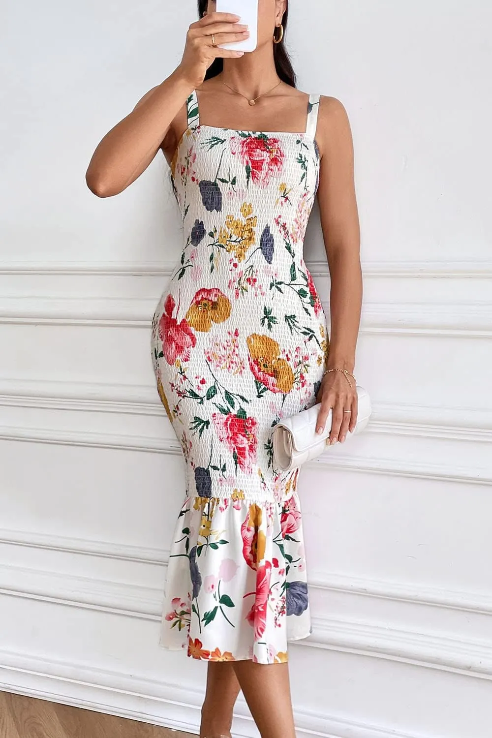 PRETTYGARDEN Women's Summer Floral Midi Tank Dress Sleeveless Strappy Ruffle Hem Smocked Bodycon Dresses