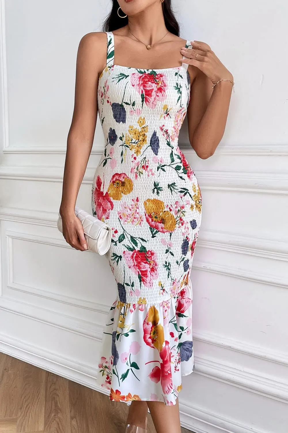 PRETTYGARDEN Women's Summer Floral Midi Tank Dress Sleeveless Strappy Ruffle Hem Smocked Bodycon Dresses
