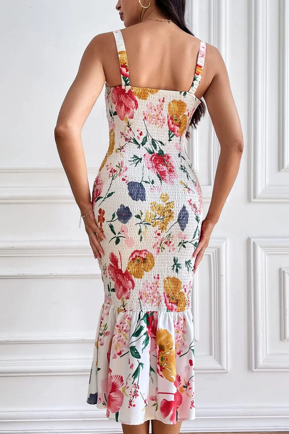 PRETTYGARDEN Women's Summer Floral Midi Tank Dress Sleeveless Strappy Ruffle Hem Smocked Bodycon Dresses