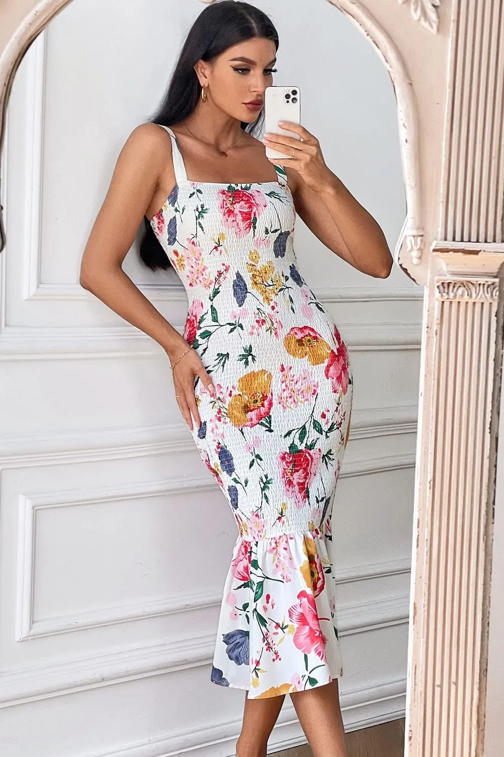 PRETTYGARDEN Women's Summer Floral Midi Tank Dress Sleeveless Strappy Ruffle Hem Smocked Bodycon Dresses