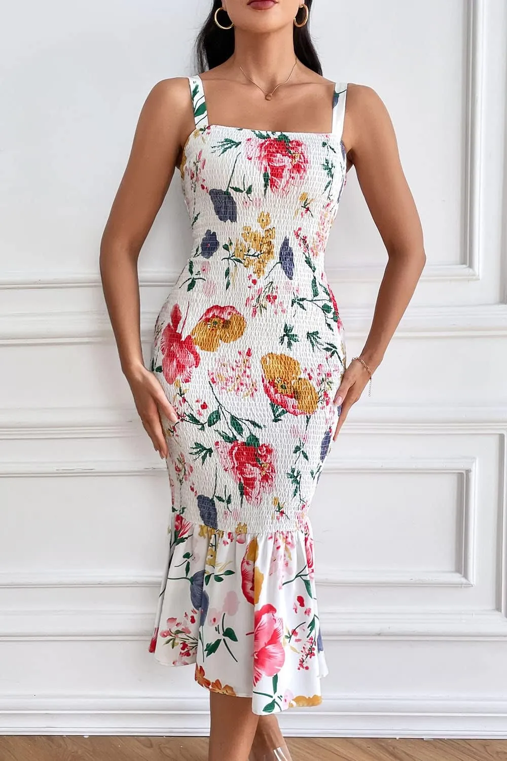 PRETTYGARDEN Women's Summer Floral Midi Tank Dress Sleeveless Strappy Ruffle Hem Smocked Bodycon Dresses