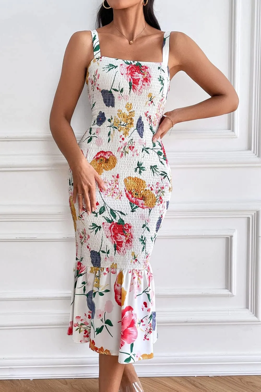 PRETTYGARDEN Women's Summer Floral Midi Tank Dress Sleeveless Strappy Ruffle Hem Smocked Bodycon Dresses