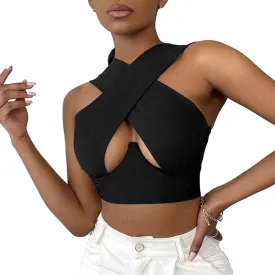 Sexy Women's Cut Out Crisscross Wrap Crop Top Halter Solid Vest Cami Tank Tops
