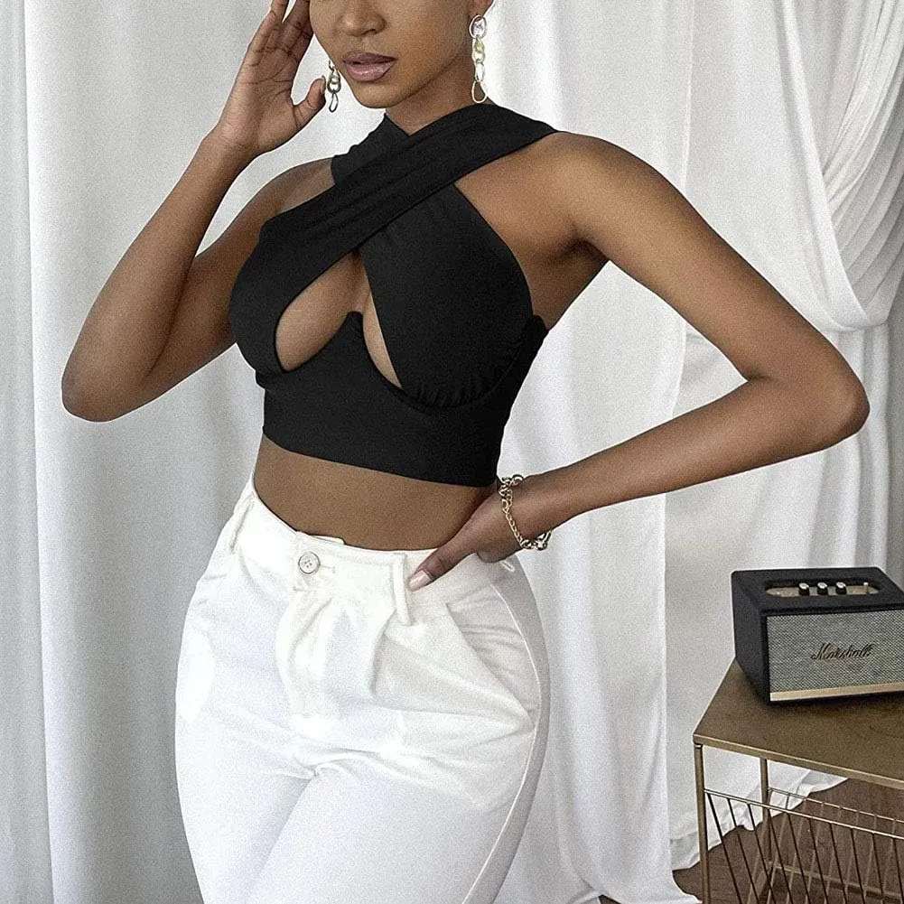 Sexy Women's Cut Out Crisscross Wrap Crop Top Halter Solid Vest Cami Tank Tops