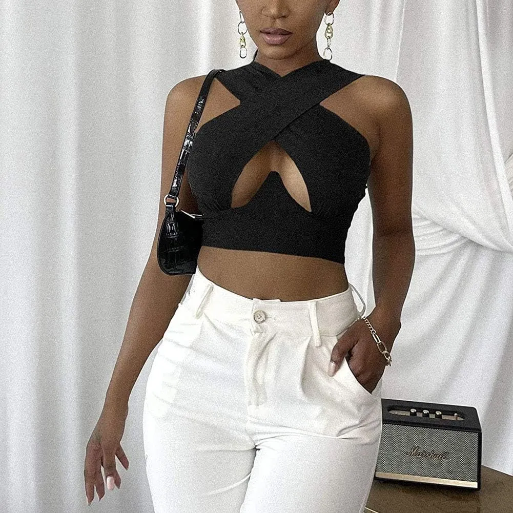 Sexy Women's Cut Out Crisscross Wrap Crop Top Halter Solid Vest Cami Tank Tops