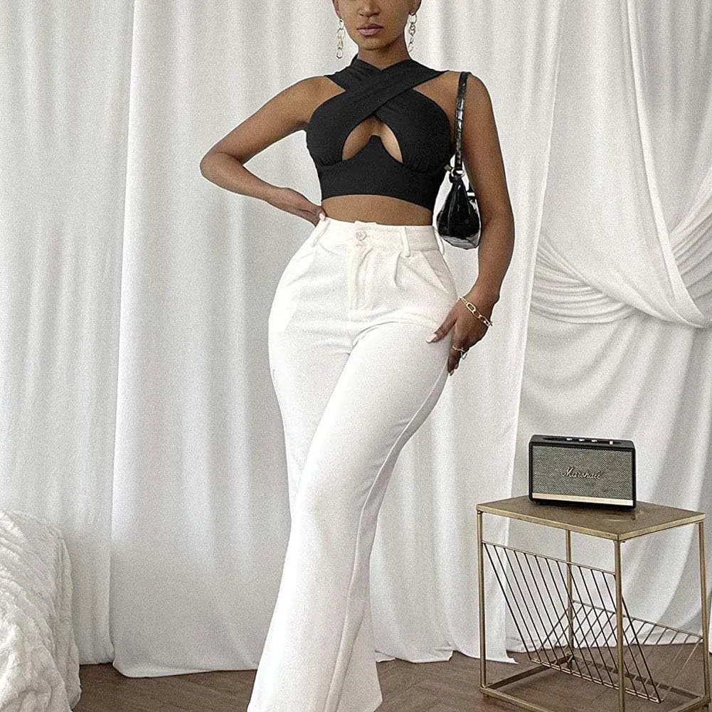 Sexy Women's Cut Out Crisscross Wrap Crop Top Halter Solid Vest Cami Tank Tops