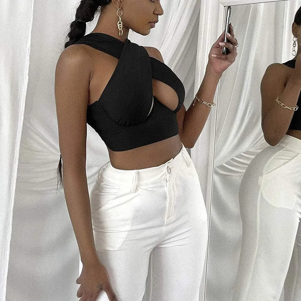 Sexy Women's Cut Out Crisscross Wrap Crop Top Halter Solid Vest Cami Tank Tops