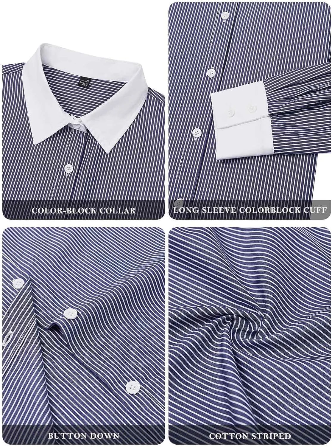siliteelon Womens Cotton Button Down Shirts Striped Dress Shirts Pinstripes Long Sleeve Collared Blouses Colorblock Tops