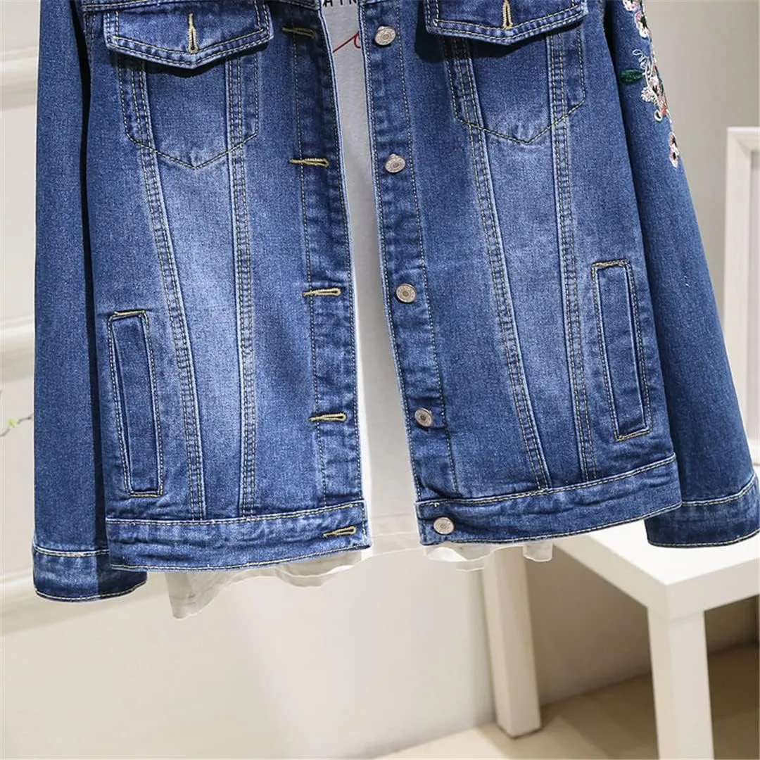 Spring Denim Coat Women Single Breasted Short Cowboy Jacket Single Breasted Embroidered Floral Jeans Jacket
